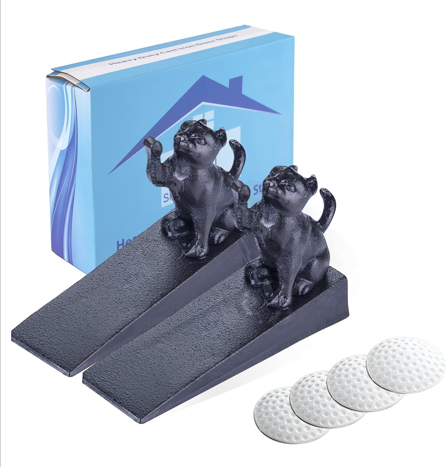 2 x Cat Cast Iron Doorstops – Anti-Slip Anti-Scratch Pads - Bonus 4 x Wall Protectors/Bumpers - Decorative Antique Animal Door Stops - Home, Office, Farmhouse