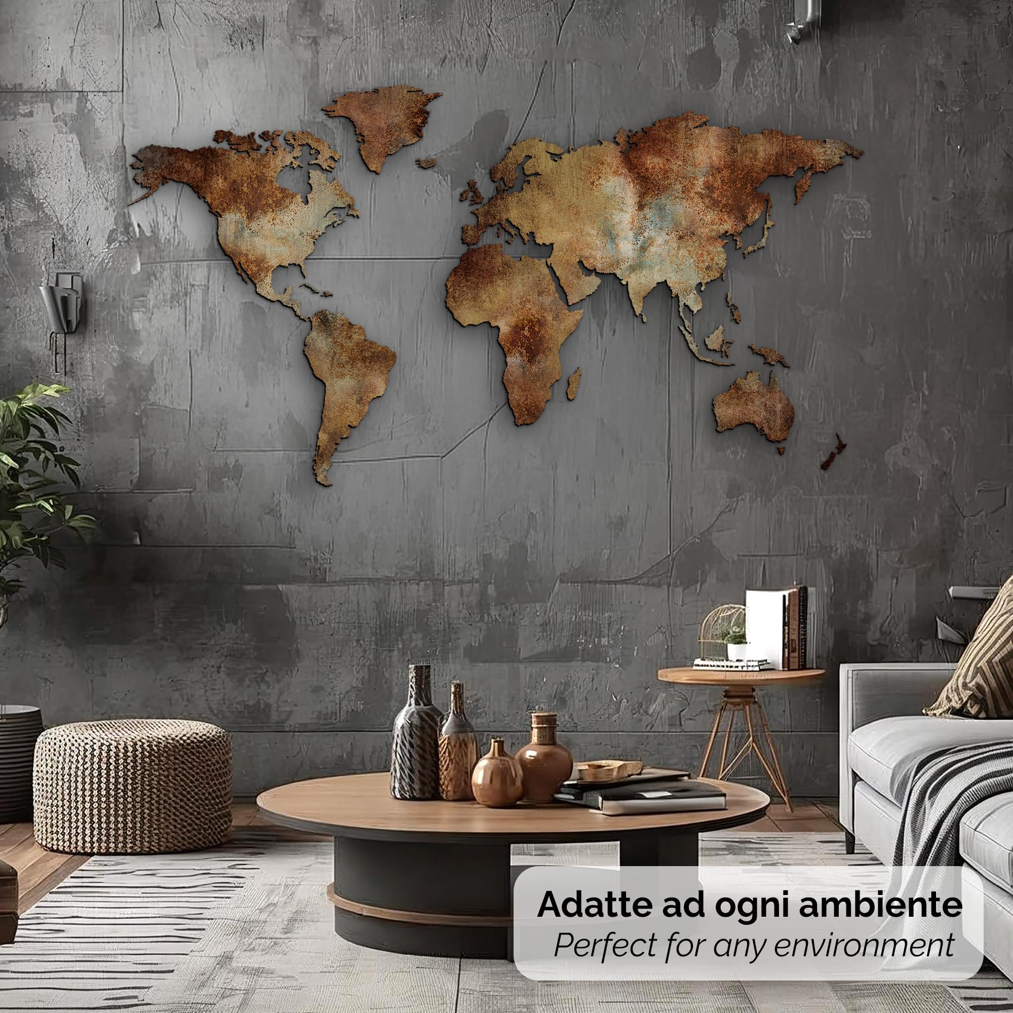 Giallobus - CARTE DU MONDE - ÉDITION SPÉCIALE - EFFET DE ROUILLE INDUSTRIEL - DÉCORATION MURALE EN MDF - 130x72 CM