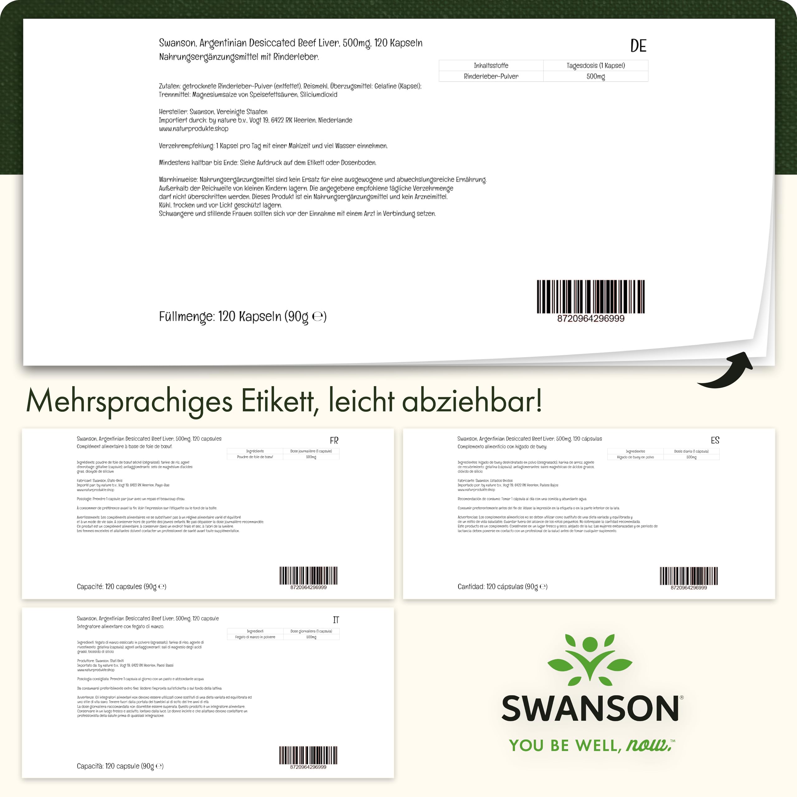 Swanson, Argentinian Desiccated Beef Liver, 120 glutenfreie Kapseln, 500mg Rinderleber-Pulver je Dosis, Sojafrei, GMO frei, Geschmacksneutral