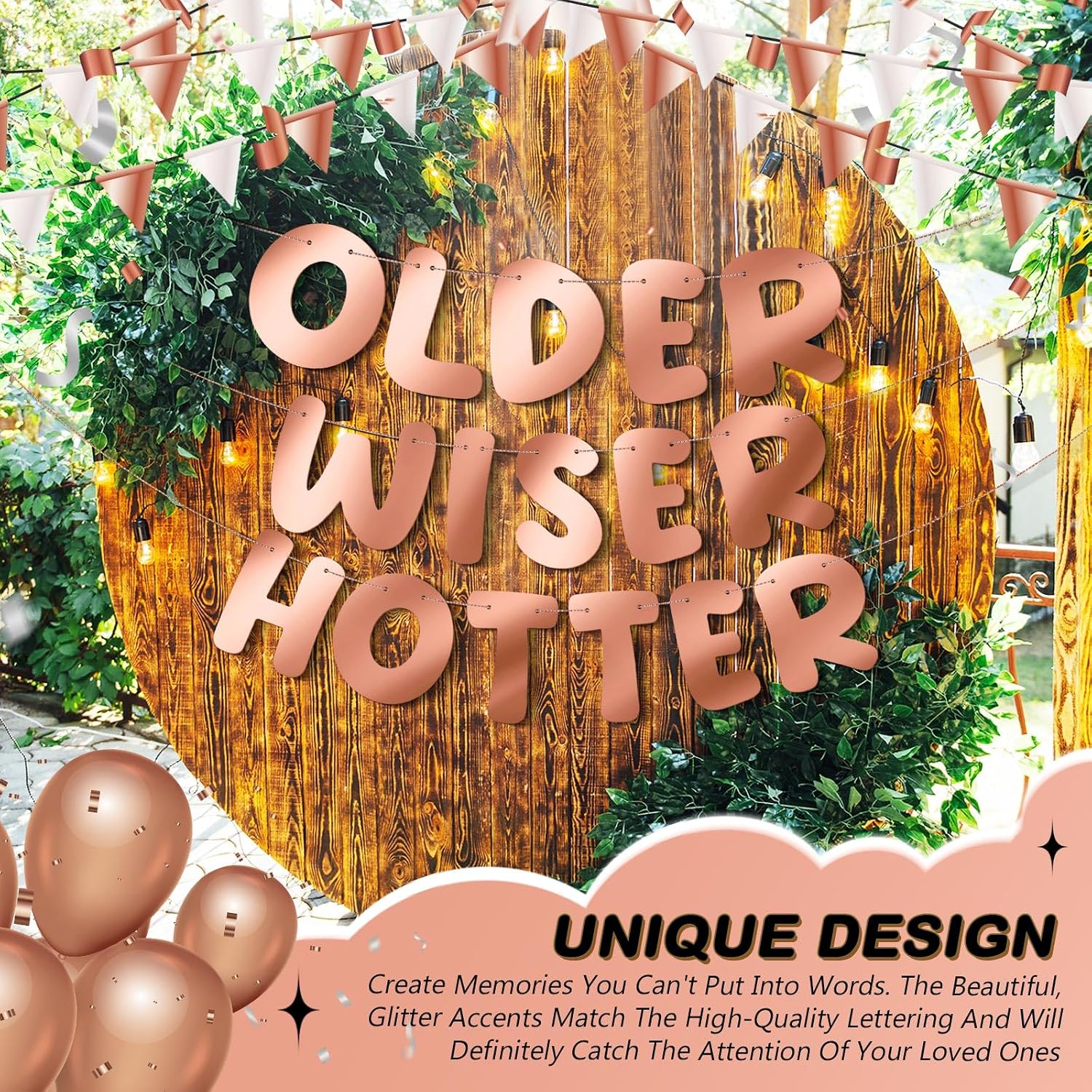 Fulmoon Older Wiser Hotter Banner Birthday sign, Bright Rose Gold image 4