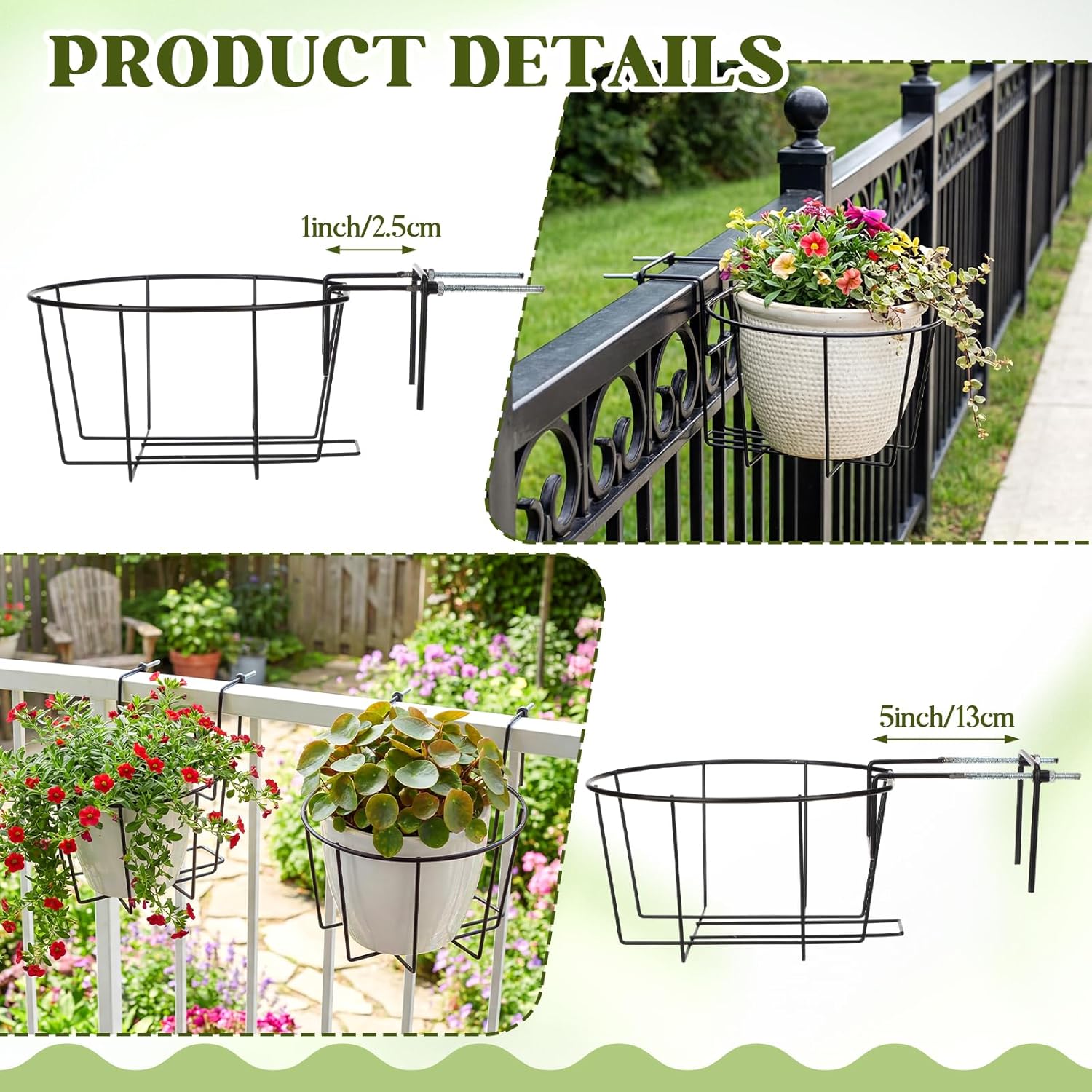 Novabright 3 Pcs Adjustable Hanging Railing Planter Fit for 1.5 to 5 Inches Railing Metal Hanging Plant Baskets Fence Plant Holder for Outdoor Garden Fence Balcony Deck Porch, 10 Inch, Black