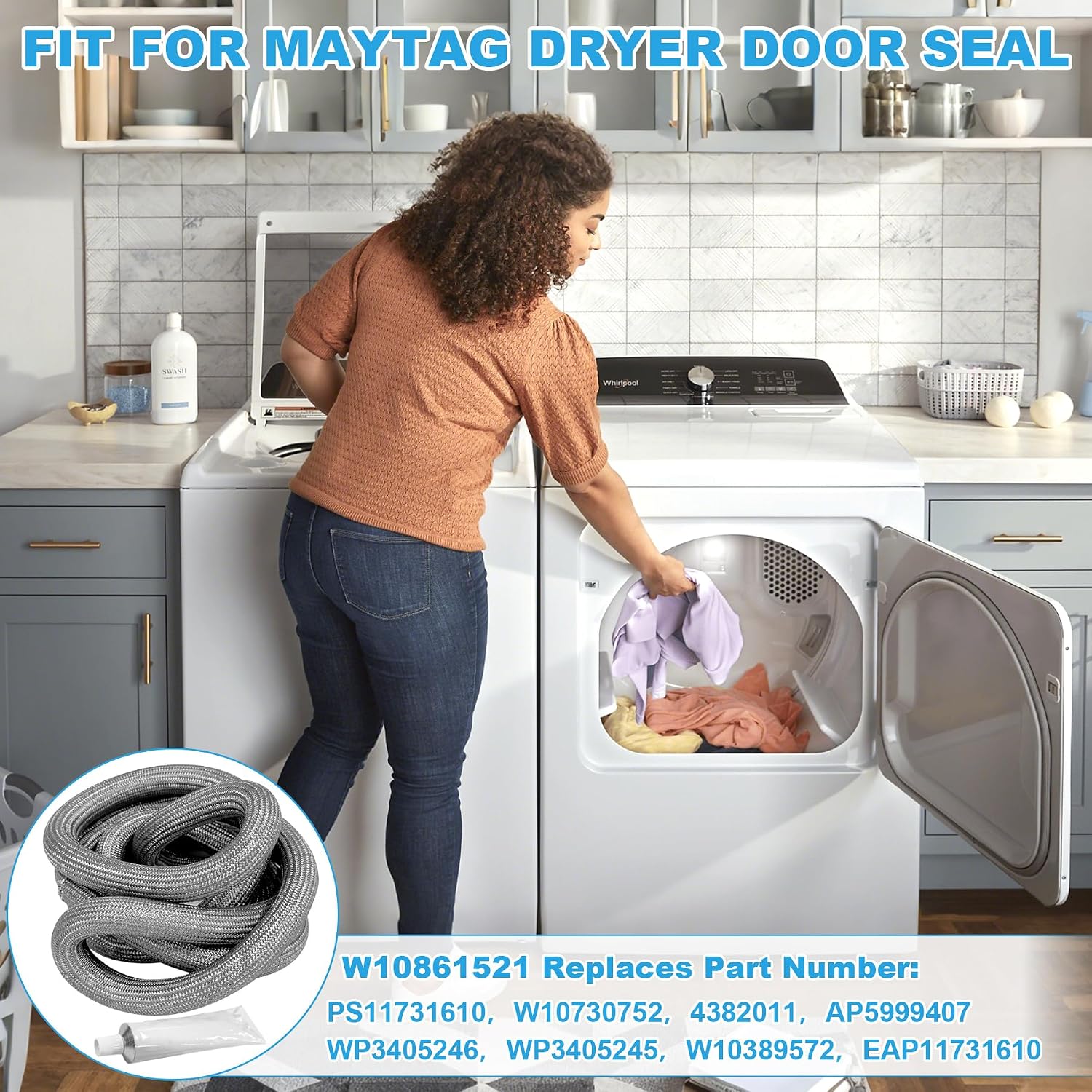 W10861521 Dryer Door Seal Part Compatible with Some Kenmore Maytag Amana Crosley Inglis and Whirlpool Dryer Seal Replaces W10906683 W10823580 PS11766744 PS11766744 AP6034191 W10389571 with Adhesive