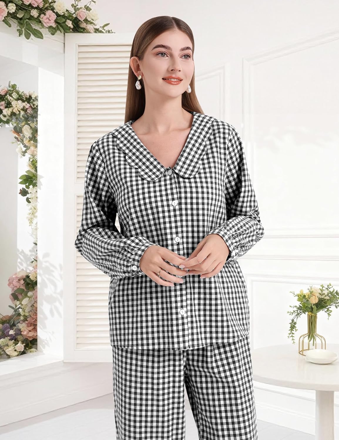 PEHMEA Women's Plaid Pajamas Set 2 Piece Cotton Gingham Sleepwear Puff Sleeve Scalloped Babydoll Shirt Lounge Pj Sets - Image 2
