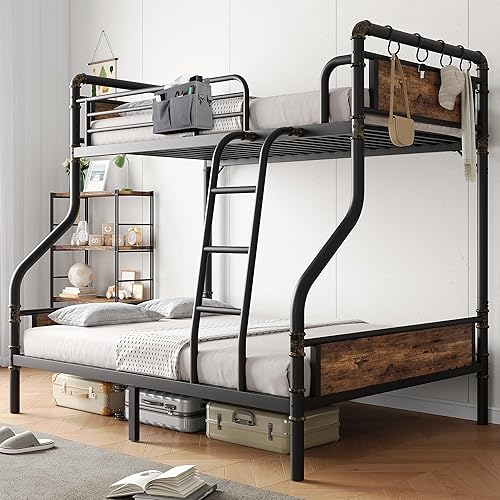 Bunk Bed Twin Over Full, Heavy Duty Metal Bunkbeds with Ladder and Full-Length Guardrail, Convertible into 2 Individual Beds for Kids, Teens and Adults, Under-Bed Storage Space, Vintage Brown