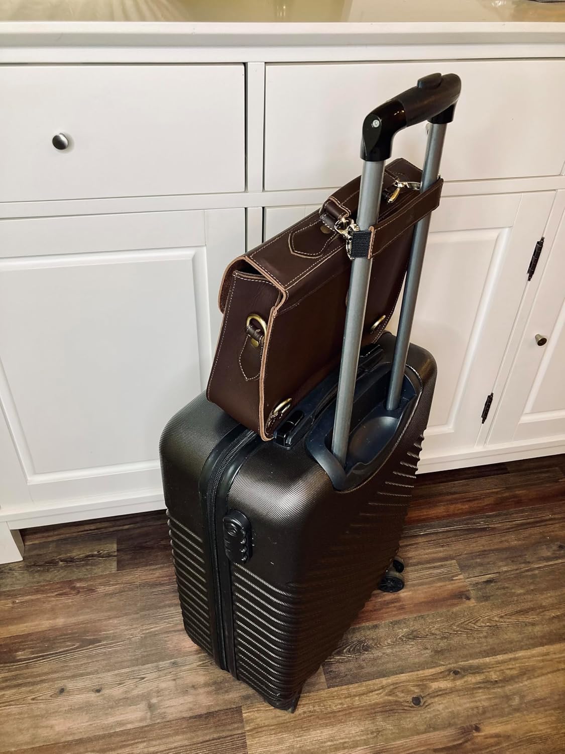 Genuine Leather Travel Belt for Attaching Briefcase or Bag to Luggage Over Handle - Removable Luaggage Strap for Add a Bag to Carry On Suitcase - 9.97-inch Length (Brown)