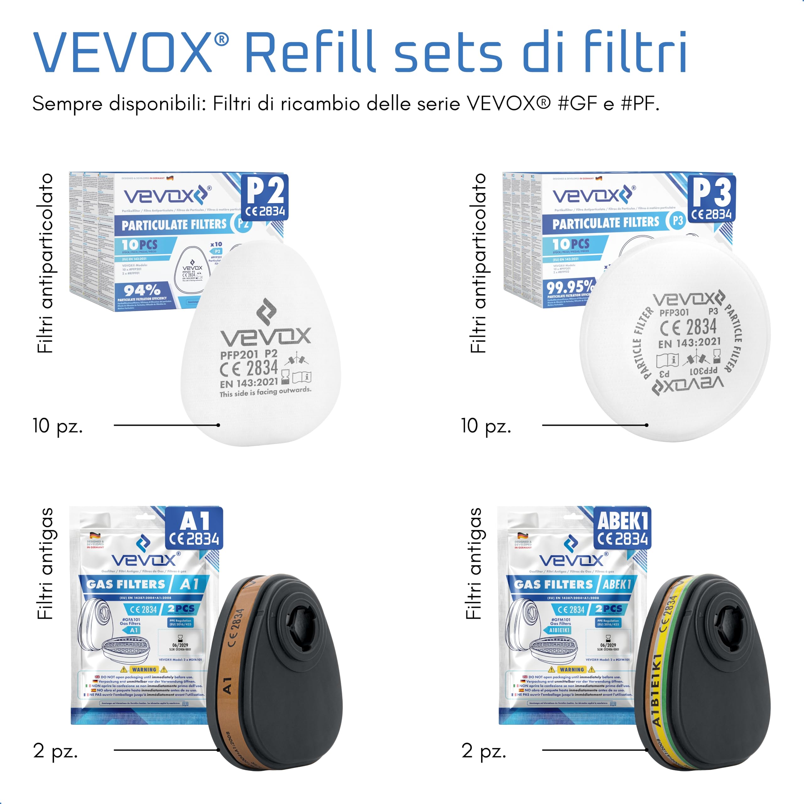 VEVOX® Maschera respiratoria con filtro A1P2 – Protezione da gas, vapori e polveri sottili – Ideale per verniciatura, levigatura e lavori edili – Con 6 filtri P2 antiparticolato e 2 A1 antigas