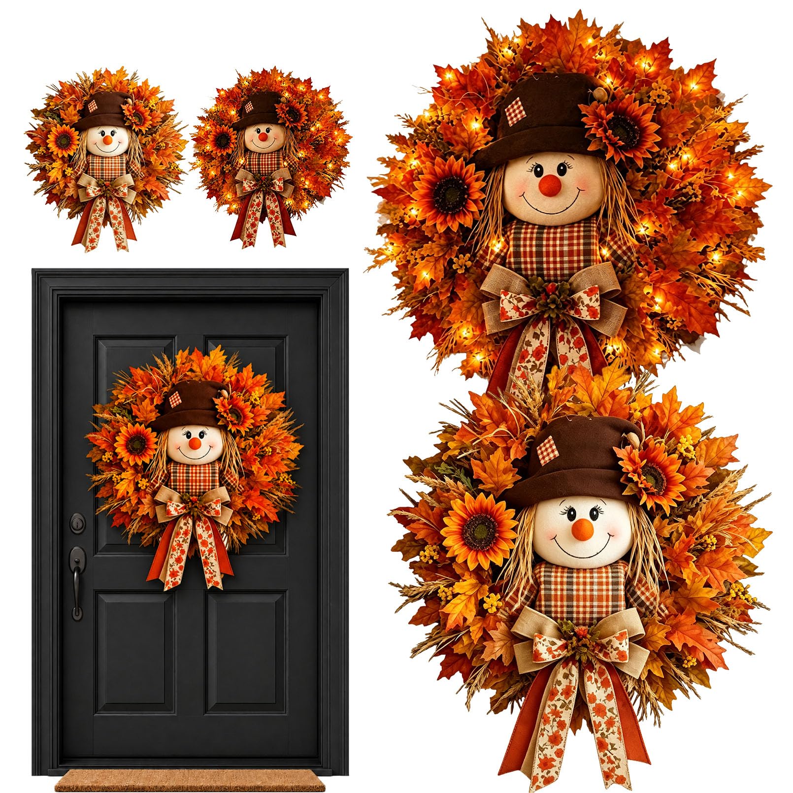 Lighted Scarecrow Fall Wreath – Autumn Front Door Decor with Sunflowers (No Lights-A+B)