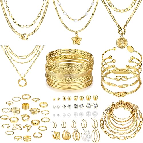17 MILE 78 Pieces Gold Jewelry Set for Women, 9 Necklace, 24 Bracelet, 22 Earrings, 23 Knuckle Rings Gold Plated Jewerly set for Women Gift