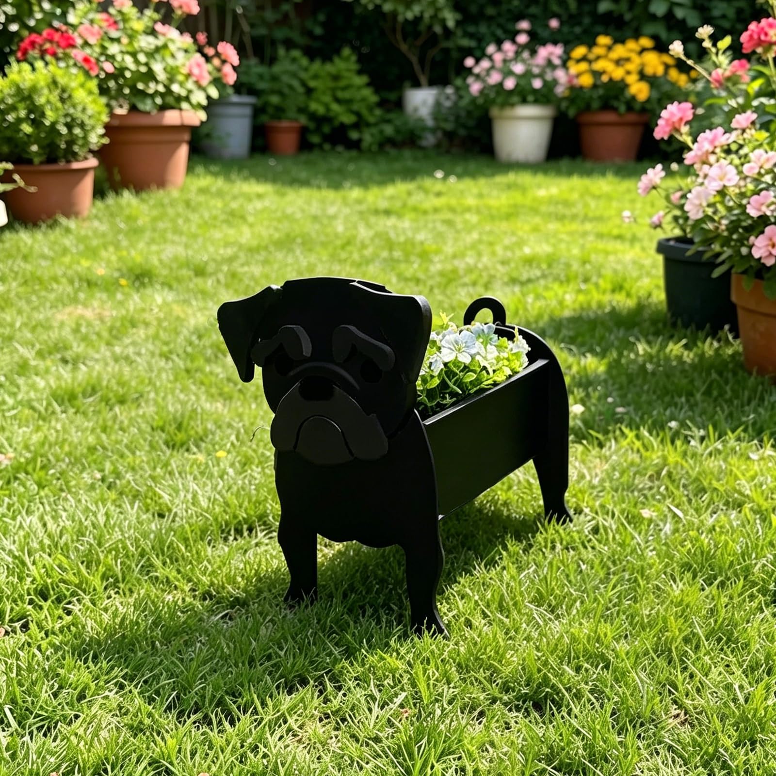 Hiiaodecor Black Pekingese Pet Dog Animal Bonsai Holder Cute Shape Art Plant Storage Pot Villa Garden Indoor Outdoor Office Decor Ornaments 43 * 25cm/16.93 * 9.84in