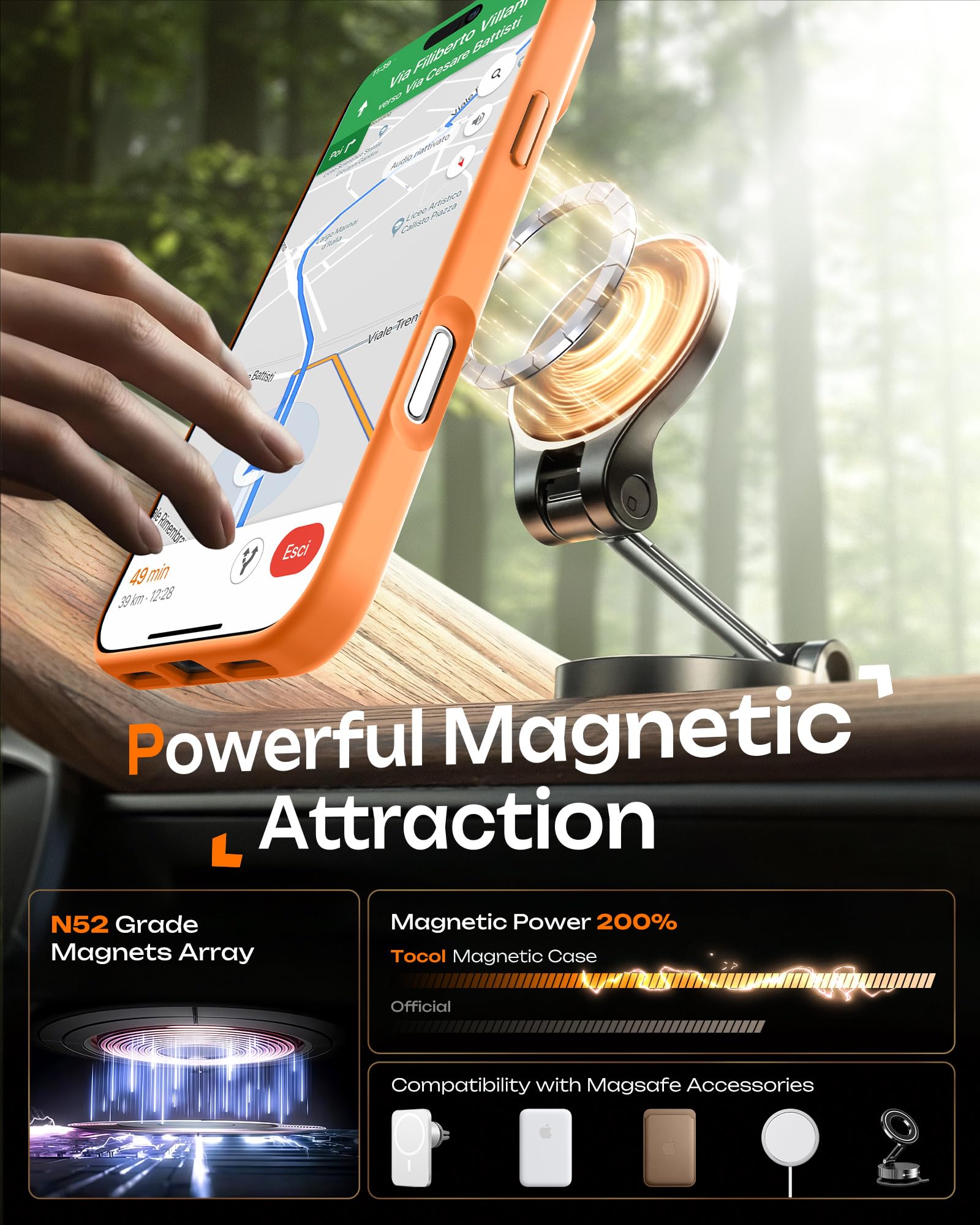 TOCOL Cover Magnetica per iPhone 16 Pro 6,3 Pollic, Compatibile con MagSafe, Protezione Fotocamera Integrata, Custodia Antiurto Traslucida Opaca, Arancione