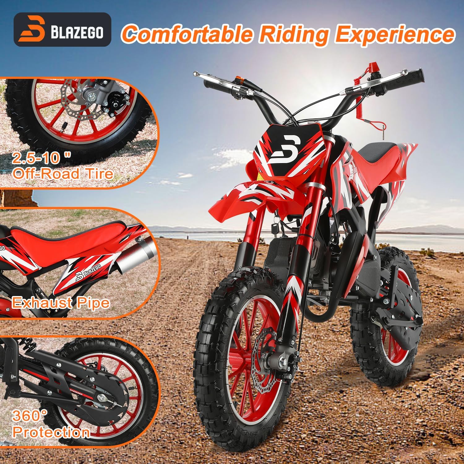 49cc Kids Dirt Bike, 2-Stroke Gas Powered Dirt Bike, Motorcycle with Off-Road Tires, Front/Rear Disc Brakes, Shock Absorption, Soft Seat Cushion, Mini Dirtbike for Kids 8-14, Red