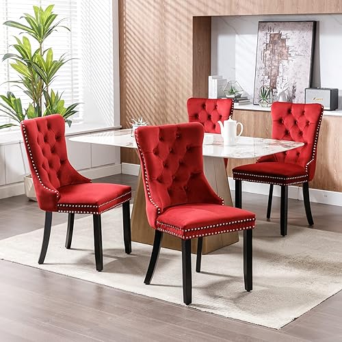 Miniatura 2 de ODUSE-DAILY Juego de 2 sillas de comedor de terciopelo burdeos, juego de 2, sillas de comedor copetudas, tapizadas de terciopelo, marco de madera