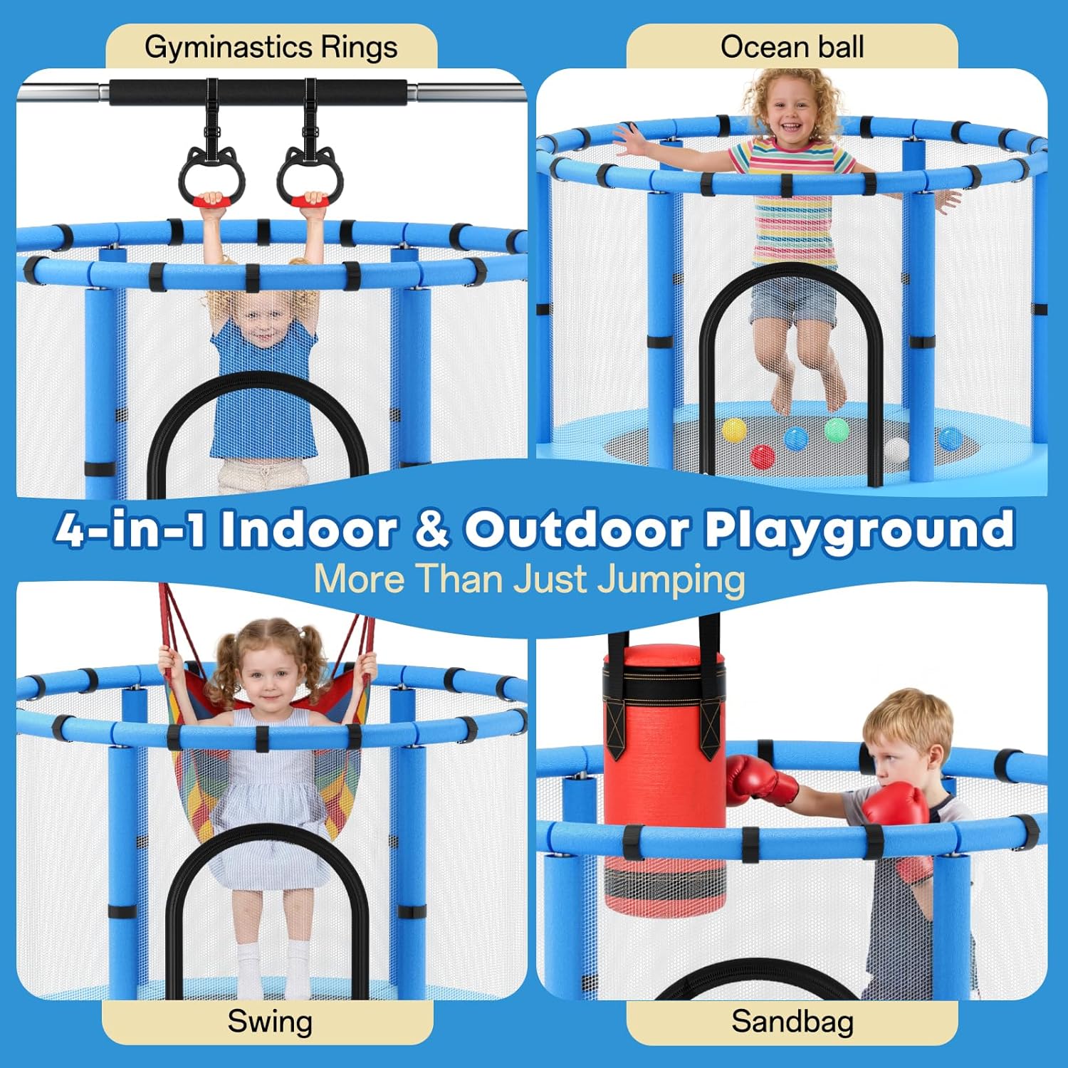 Toddler Trampoline for Kids, Trampoline with Net, Trampoline Indoor Outdoor playset with Adjustable Gymnastics Bar, 440lbs Kids Trampoline, Easy Assembly