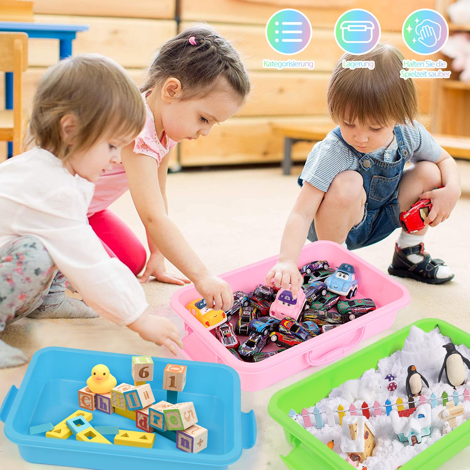 FIIOEOY 3 Stück Sandkasten mit Deckel & Aufklebern für Kinder, Sensorik Wanne Box Sandtablett Sensory Bin Kunststoff-Tablett Aufbewahrungsbox für Spielzeug, Sand und mehr (Blau, Grün, Rosa)