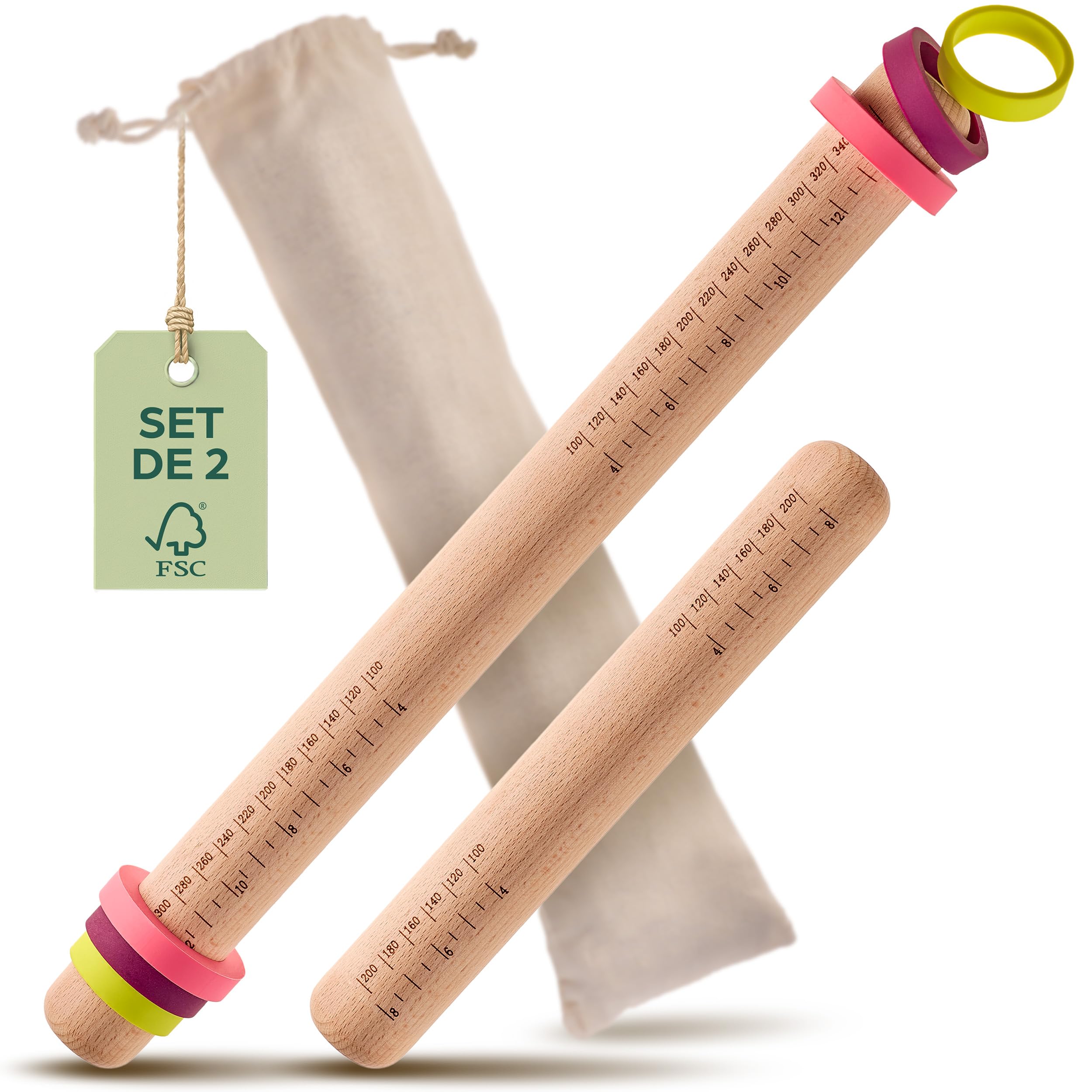 Praknu Rouleau à Pâtisserie avec Anneaux - Lot de 2 - Rouleau à Pâtisserie en Bois Durable FSC® - Pour un Étalement Régulier