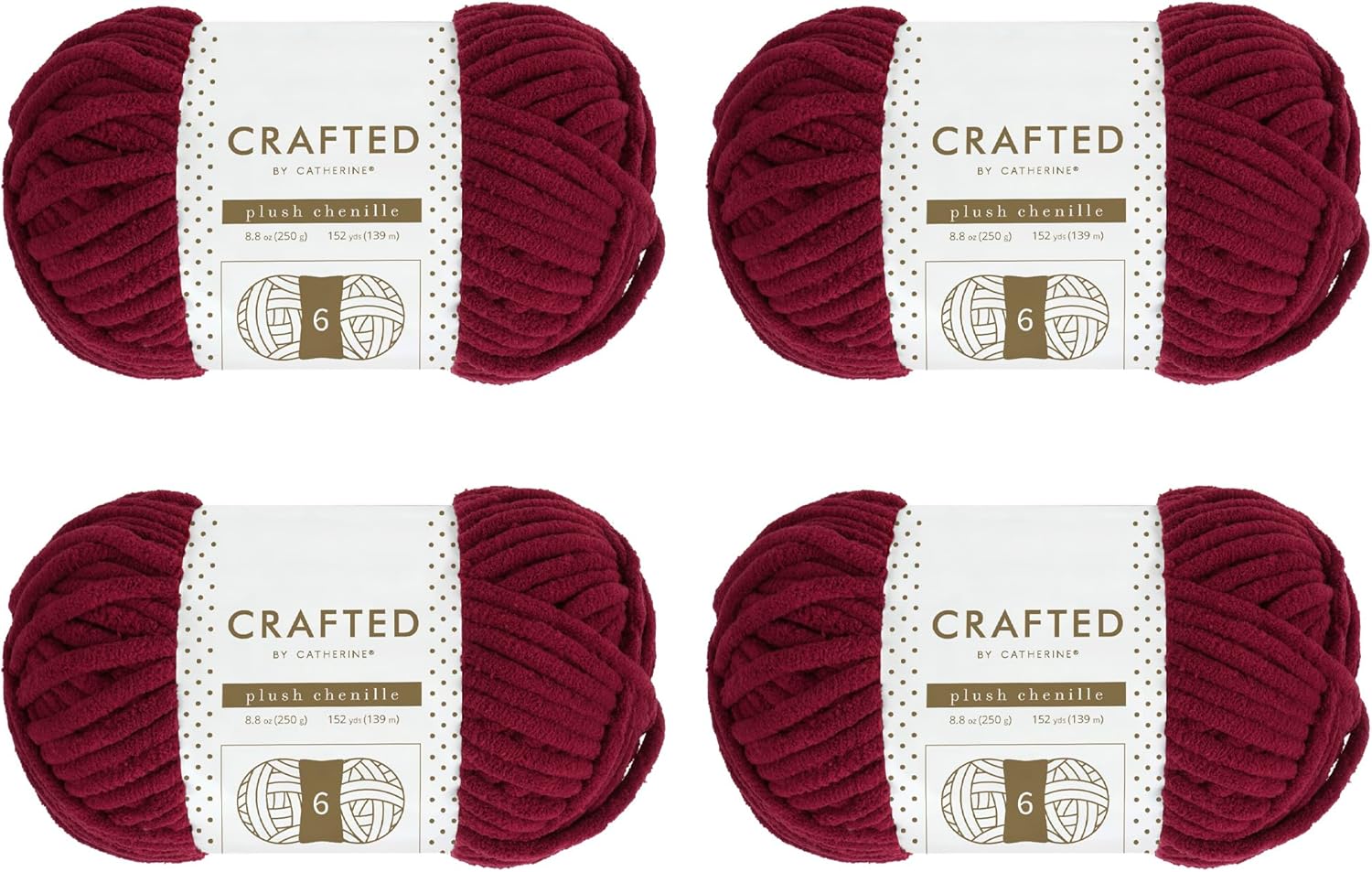 Crafted by Catherine Plush Chenille Yarn for Knitting, Crocheting and Amigurumi - 4 Pack (8.8 oz / 250g, 152 Yards Each Skein), Red, Gauge 6 Super Bulky
