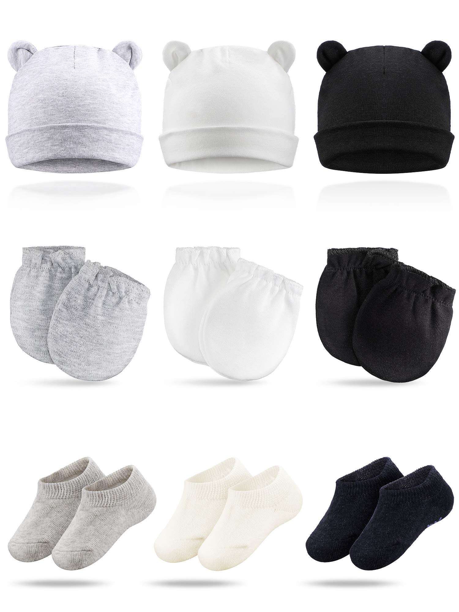 GeyogaBaby Hats Mittens and Socks Set Including 3 Pieces Cute Newborn Hats Bear Ears Infant Beanies Caps 6 Pieces No Scratch Baby Mittens and 6 Pieces Non-Slip Baby Ankle Socks for Boys and Girls