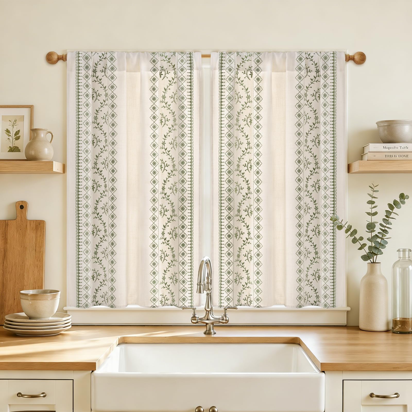 Yinhua Boho Kitchen Curtains 36 Inch Length Sage Green Embroidered Floral Cafe Curtains, Farmhouse Light Filtering Kitchen Window Curtain Rod Pocket Short Tier Curtains for Windows, 26" W x 36" L