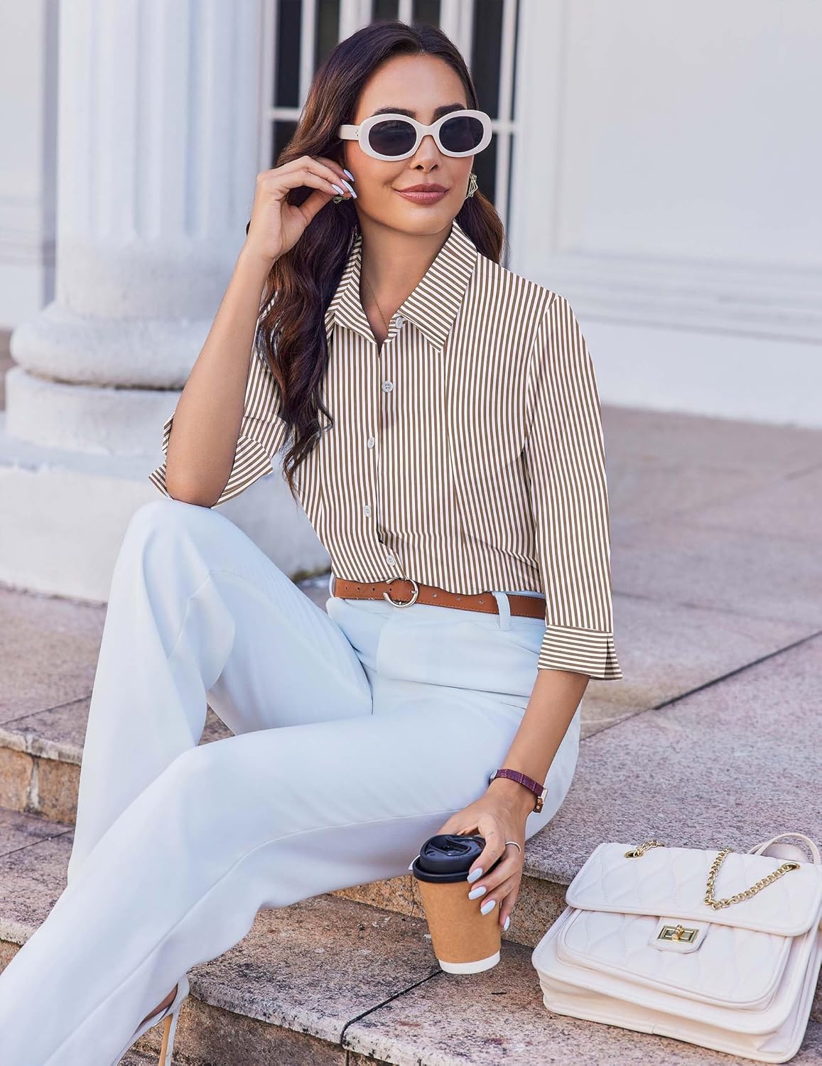 HOTOUCH Women Button Down Shirts 3/4 Sleeve Basic Business Dress Shirt Slim Fitted Classic V Neck Button Up Work Blouse Tops - Image 5