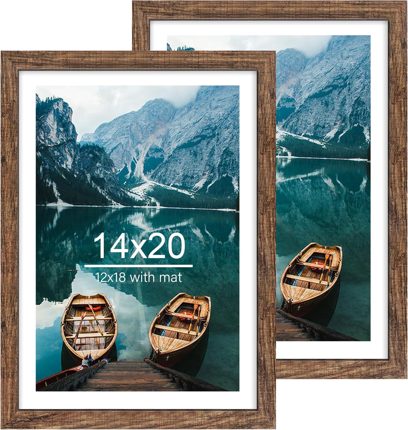 14x20 Picture Frame Set of 2, Rustic Brown Wood Style - Display 14 x 20 Picture without Mat or 12x18 Picture with Mat, Wall Mounting Horizontal and Vertical Rustic Brown 14x20 in
