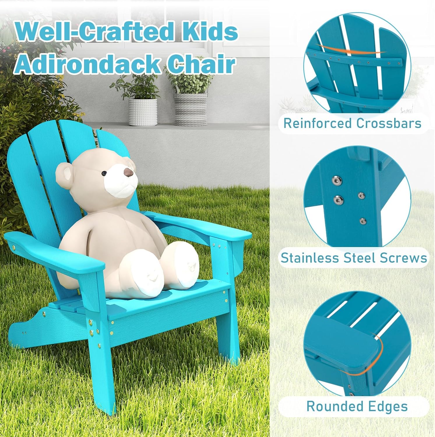 Costzon Kids Adirondack Chair, All-Weather HDPE Patio With High Backrest, Armrests, Fire Pit for Ages 3-8, Indoor Outdoor Lounge for Garden, Lawn, Yard (1,Turquoise)