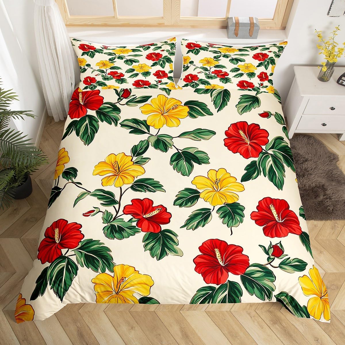 jejeloiu Tropical Plants Leaves Bedding Set Toddler Size Palm Leaf Flower Hawaiian Duvet Cover for Boys Girls Palm Leaf Comforter Cover Soft,No Comforter