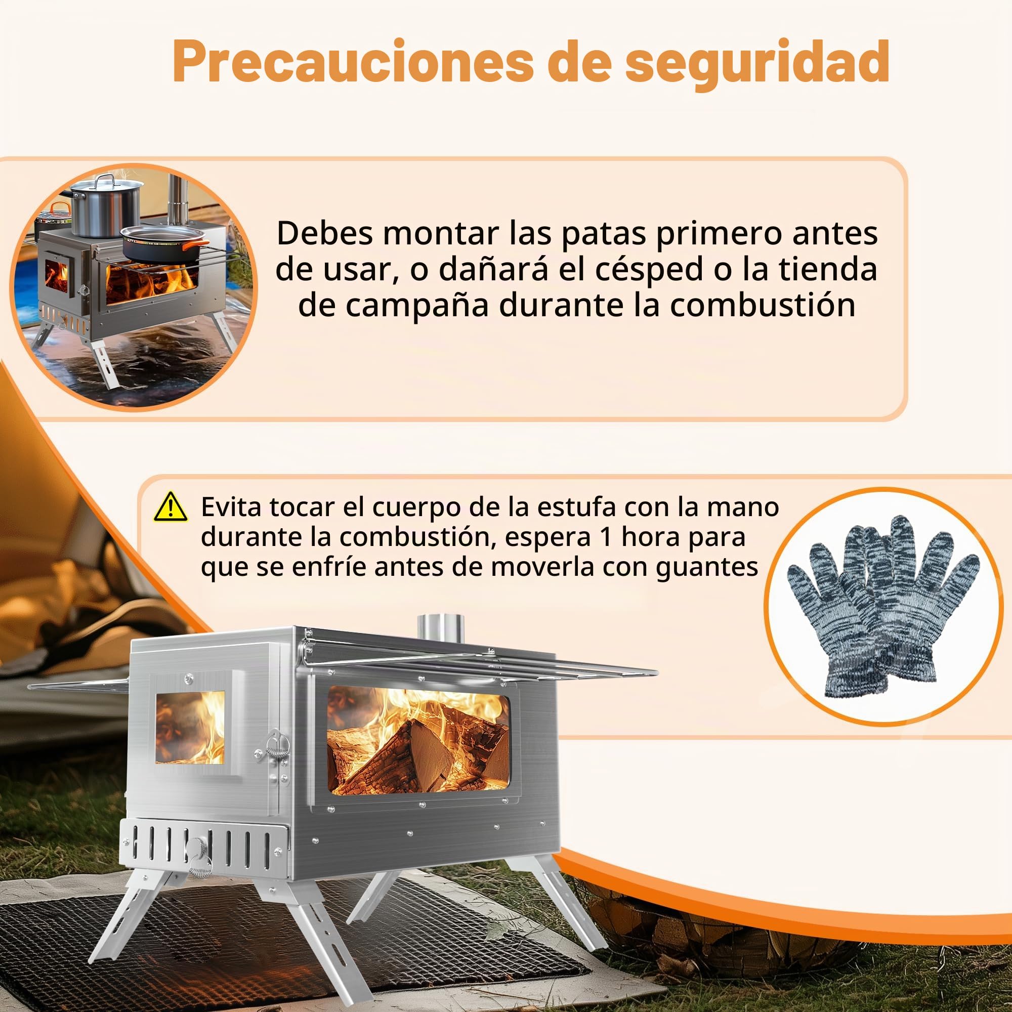UNHO Estufa de Leña Portátil para Tienda de Campaña: Estufa Plegable con Chimenea, 7 Tubos de Acero Inoxidable, 2 Ventanas de Vidrio Resistente al Fuego, para Cocinar y Calentar Al Aire Libre