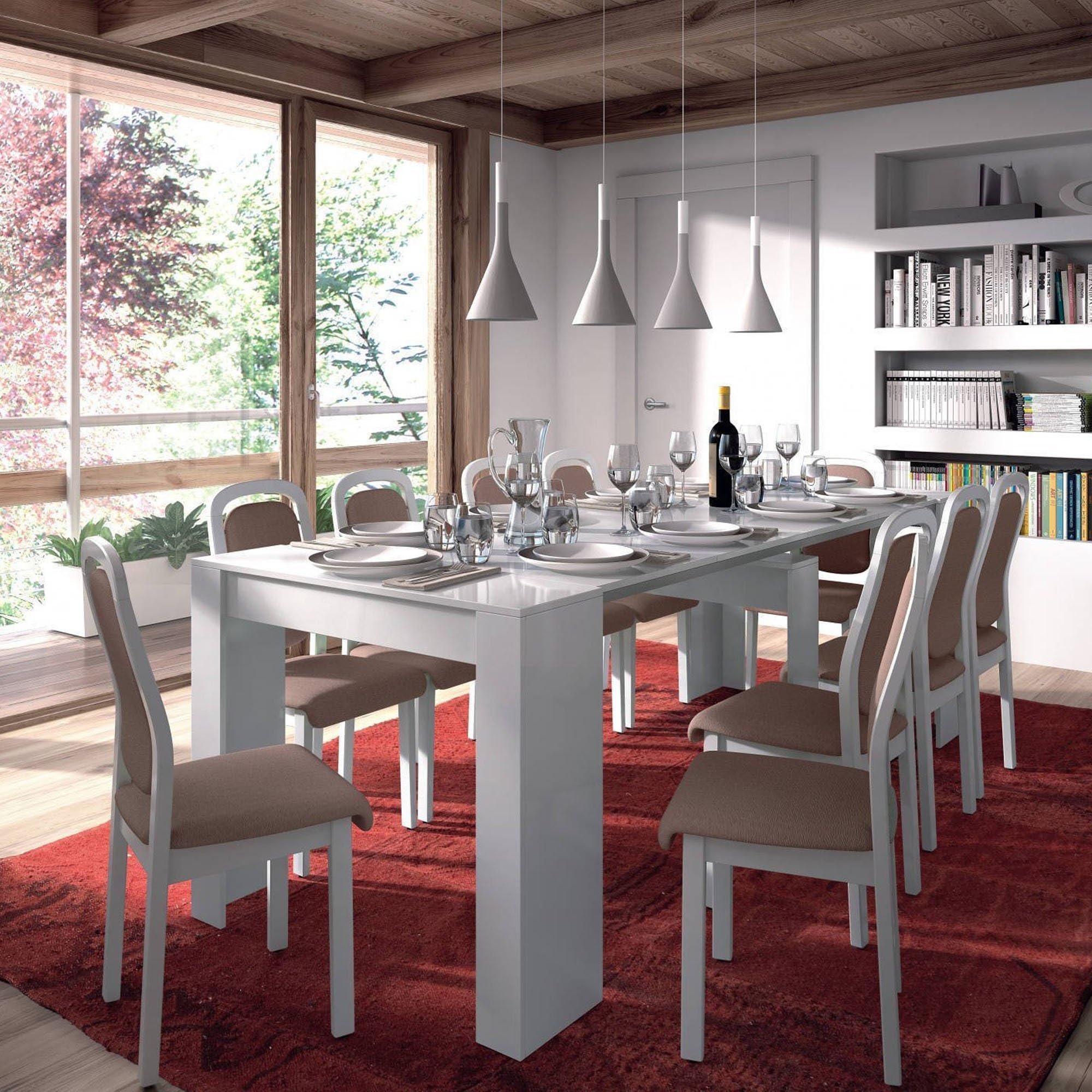 Dmora - Consolle Compton, Tavolo da pranzo allungabile, Tavolo con allunghe multiuso estensibile fino a 10 posti, 51/237x90h78 cm, Bianco Lucido