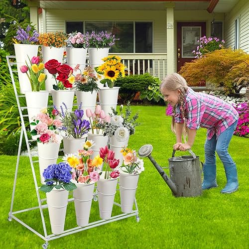 Miniatura 3 de Soporte de exhibición de flores con 16 cubos estante de ramo de floristas móvil de 4 capas para tienda de flores frescas estante de floristería de