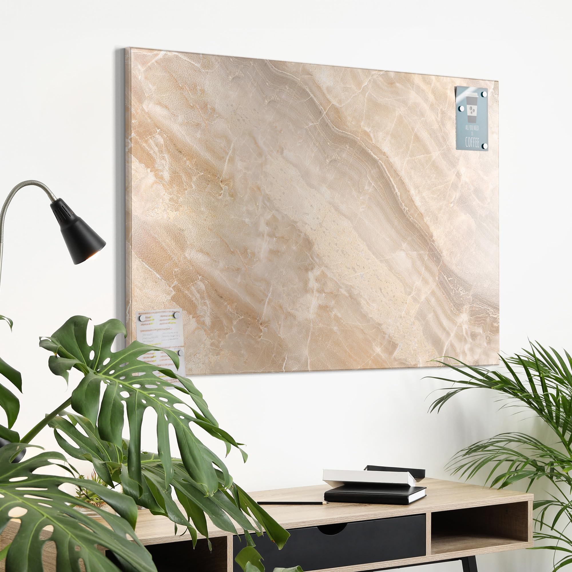 DEQORI Metalowa tablica magnetyczna, wymiary 90 x 60 cm, motyw "Jasna marmurowa powierzchnia", tablica suchościeralna na wszystkie magnesy, tablica magnetyczna do kuchni i biura, designerska tablica