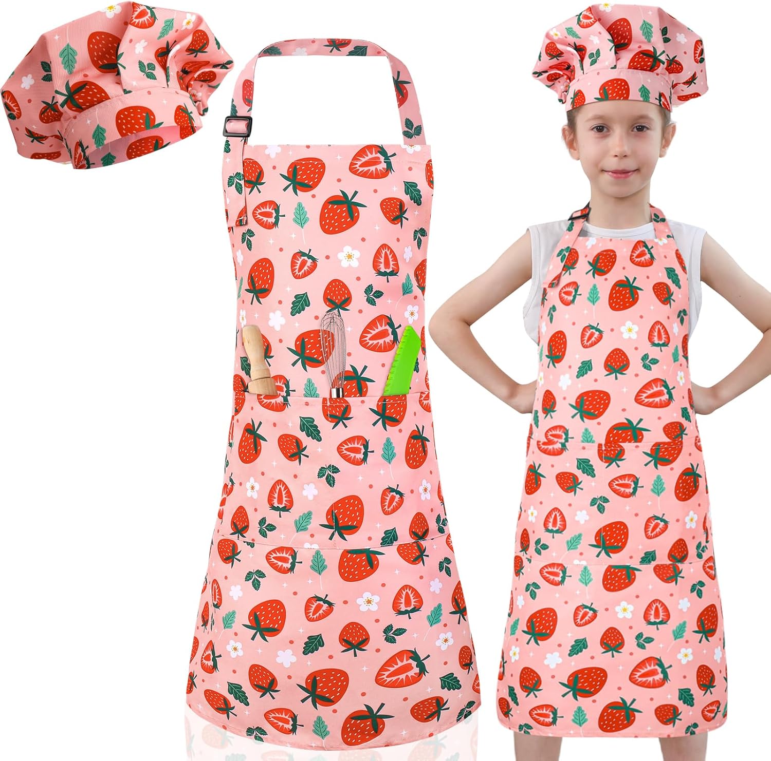 Kids Apron and Chef Hat Set, Cute Strawberry Apron Adjustable Kids Aprons with 2 Pockets Girls and Boys, Kids Cooking Aprons Artist Aprons Kitchen Toddler Aprons for Cooking, Baking, Painting - Image 8