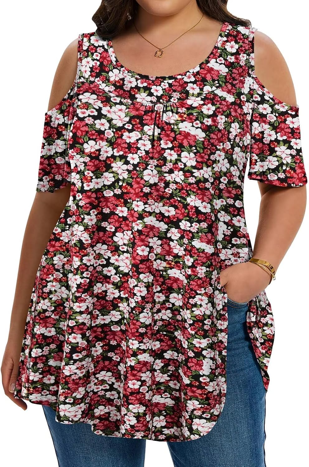 LARACE Plus Size Cold Shoulder Tops for Women Short Sleeve Tunics Shirts Loose Summer Clothes Blouses to Wear with Leggings