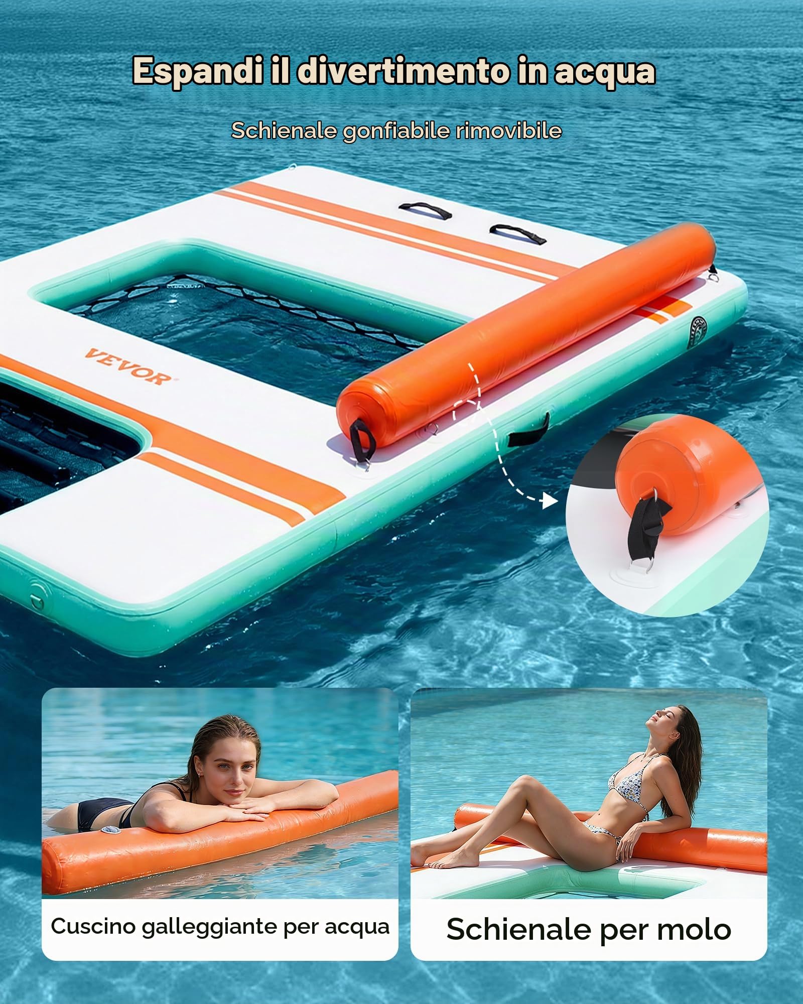 VEVOR Pontile Galleggiante Gonfiabile con Tenda Parasole 3,05 x 1,83 m da Mare Piscina, Piattaforma Galleggiante con Superficie Antiscivolo, Rampa per Cani, Isola d'Acqua per Piscina Spiaggia Mare
