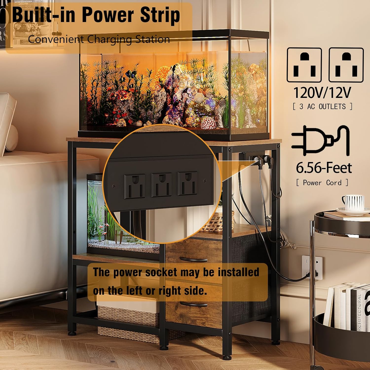 20-29 Gallon Fish Tank Stand with Power Outlet Vintage Metal Aquarium Stand with 2 Fabric Drawers Heavy Duty Reptile Tank Stand with 3-Tier Adjustable Storage Shelves, Left-Right Mounting