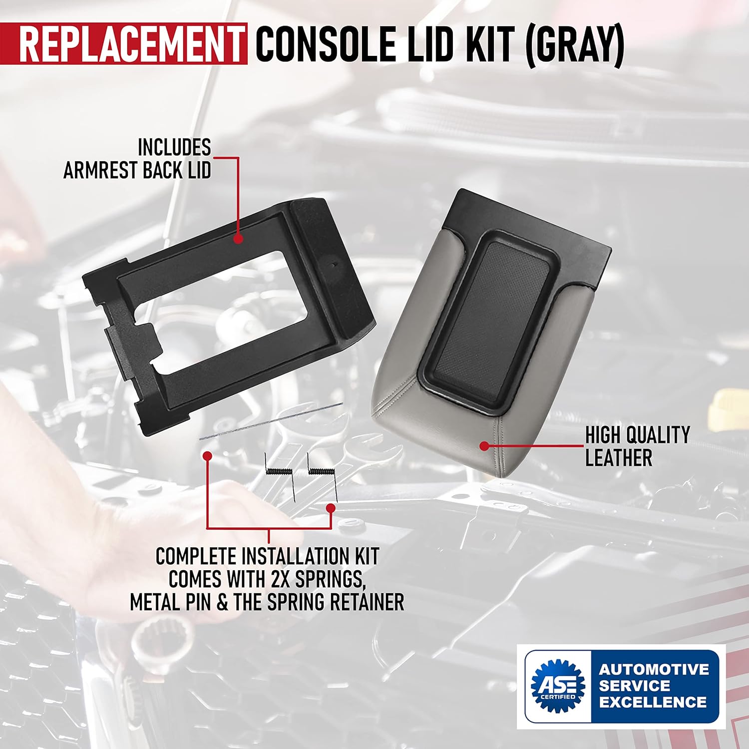 Center Console Lid Replacement Kit Gray - Replaces 924-811, 19127364, 19127365, 19127366 - Compatible with Chevy, GMC and Cadillac Vehicles - Silverado, Avalanche, Tahoe, Sierra - Armrest Hinge Latch