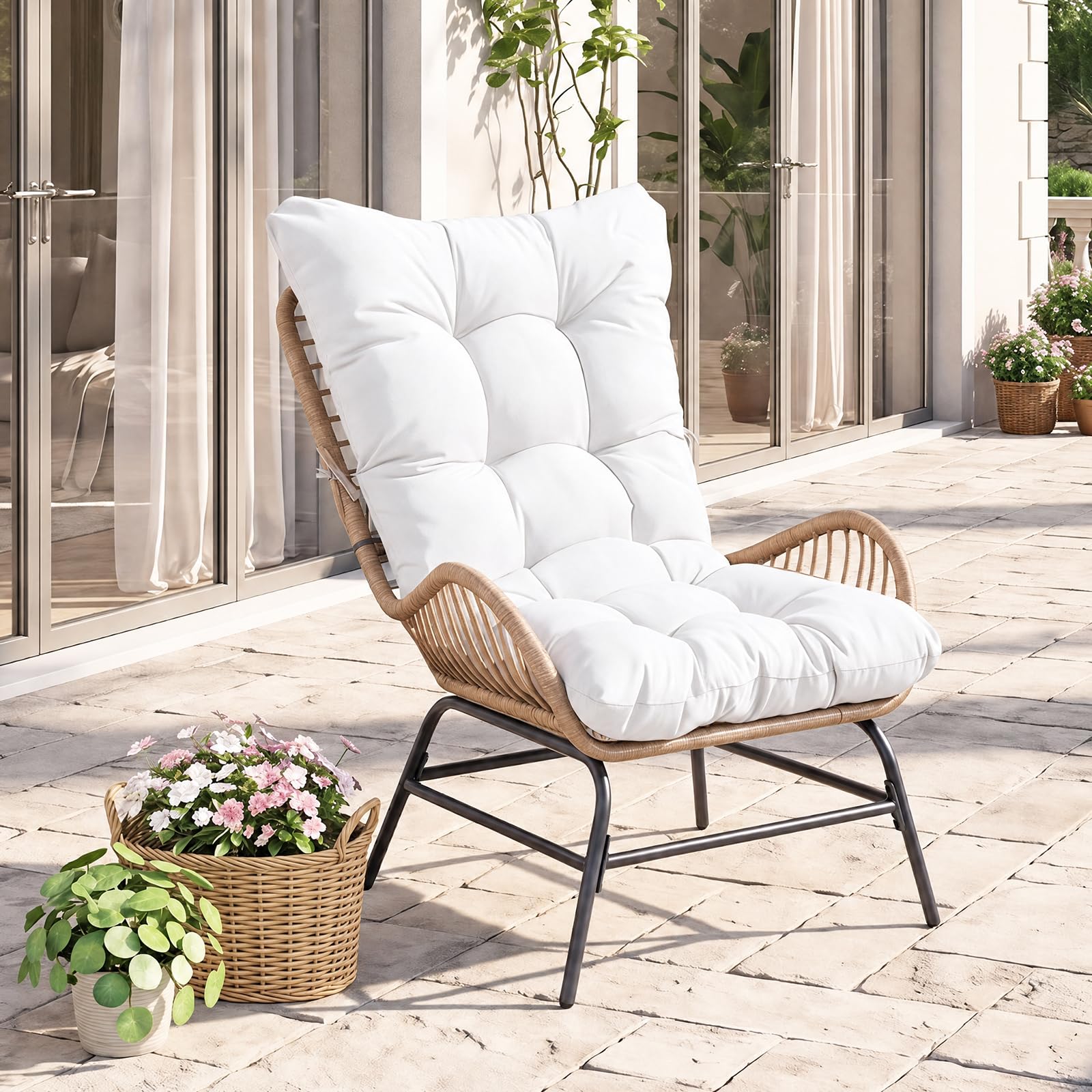SOARS Poltrona da Giardino in Rattan PE, Sedia Relax con Cuscino Imbottito, Portata 180 KG, Sedile Ampio, Schienale e Braccioli, Poltrona Ergonomica per Balcone, Terrazza, Patio, Salotto (1,Bianco)
