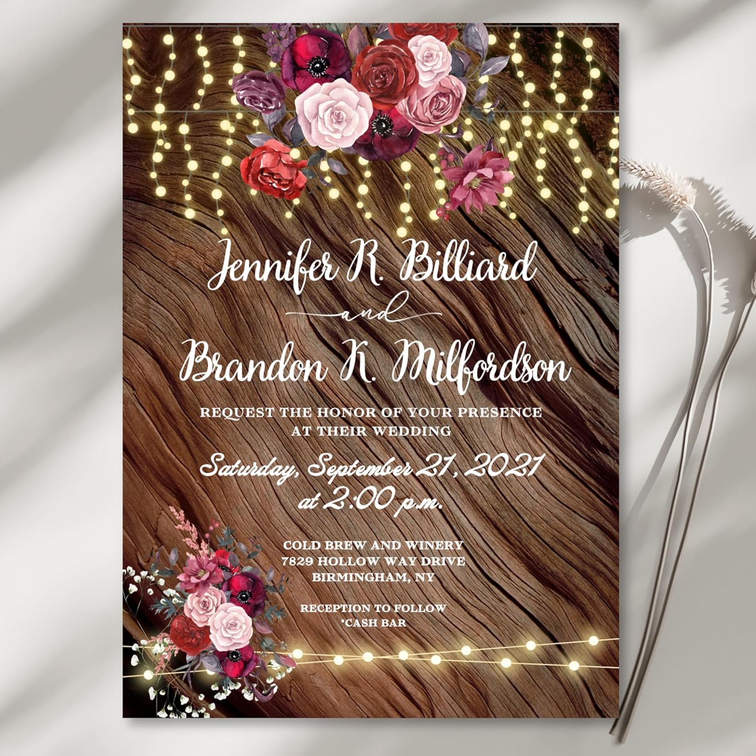 Custom Wedding Invitation Set of 15 With Envelopes, Personalized Red Invites On Thick Glossy Cardstock For Burgundy Wedding Anniversary Bridal Shower Engagement (5X7 Inches)