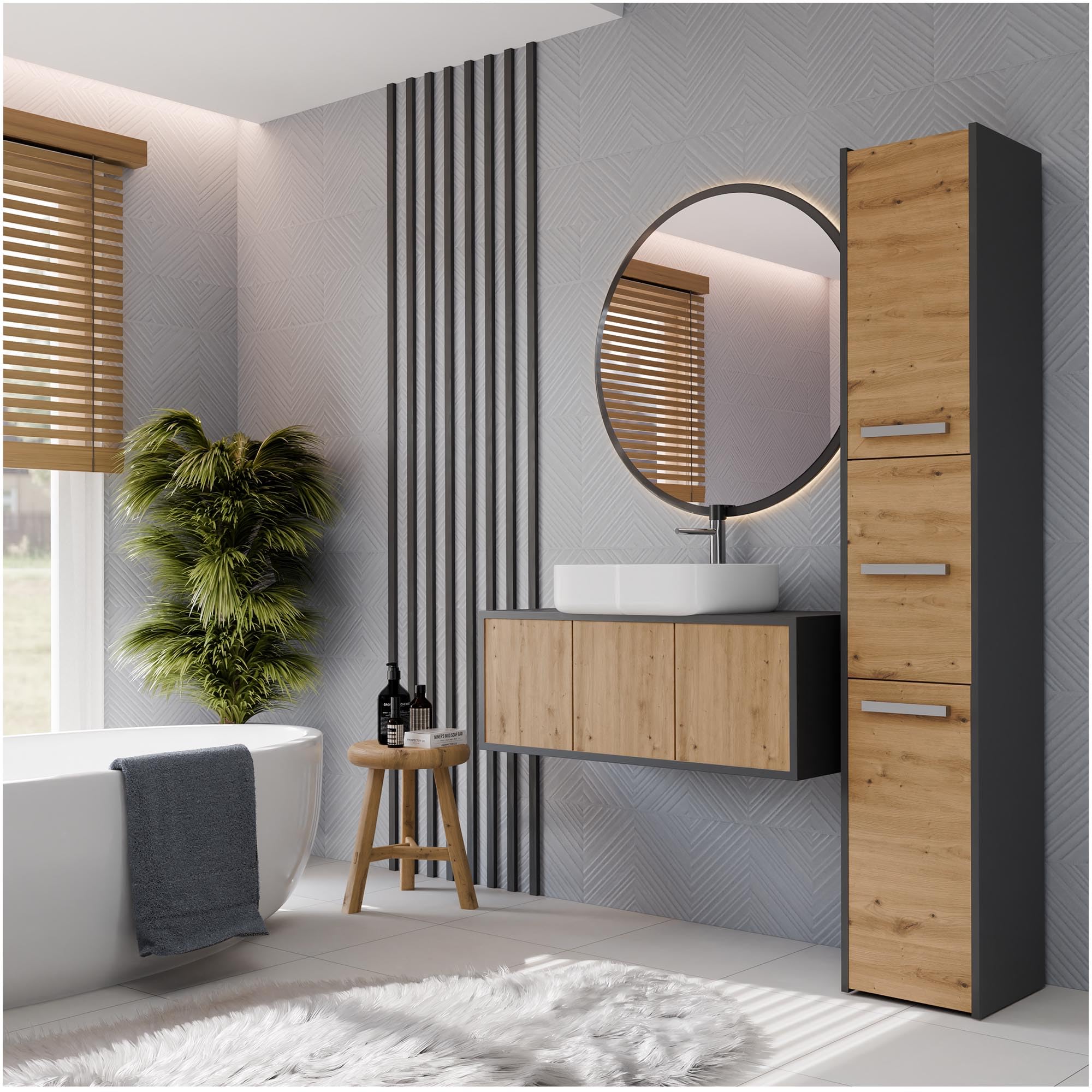 CDF Hochschrank SCHMAL HOCH-Schrank Badschrank 30 cm Breit Badezimmerschrank Nischenschrank Badmöbel für Kosmetik Handtücher Badezimmer Bad WC Toilette Flur Stehend Eiche Artisan/Anthrazit