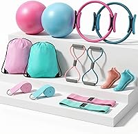 Vista 1 de Poen Juego de anillos de pilates y pelota para mujer, anillo de pilates, bola circular con correa de estiramiento, 8 bandas de resistencia