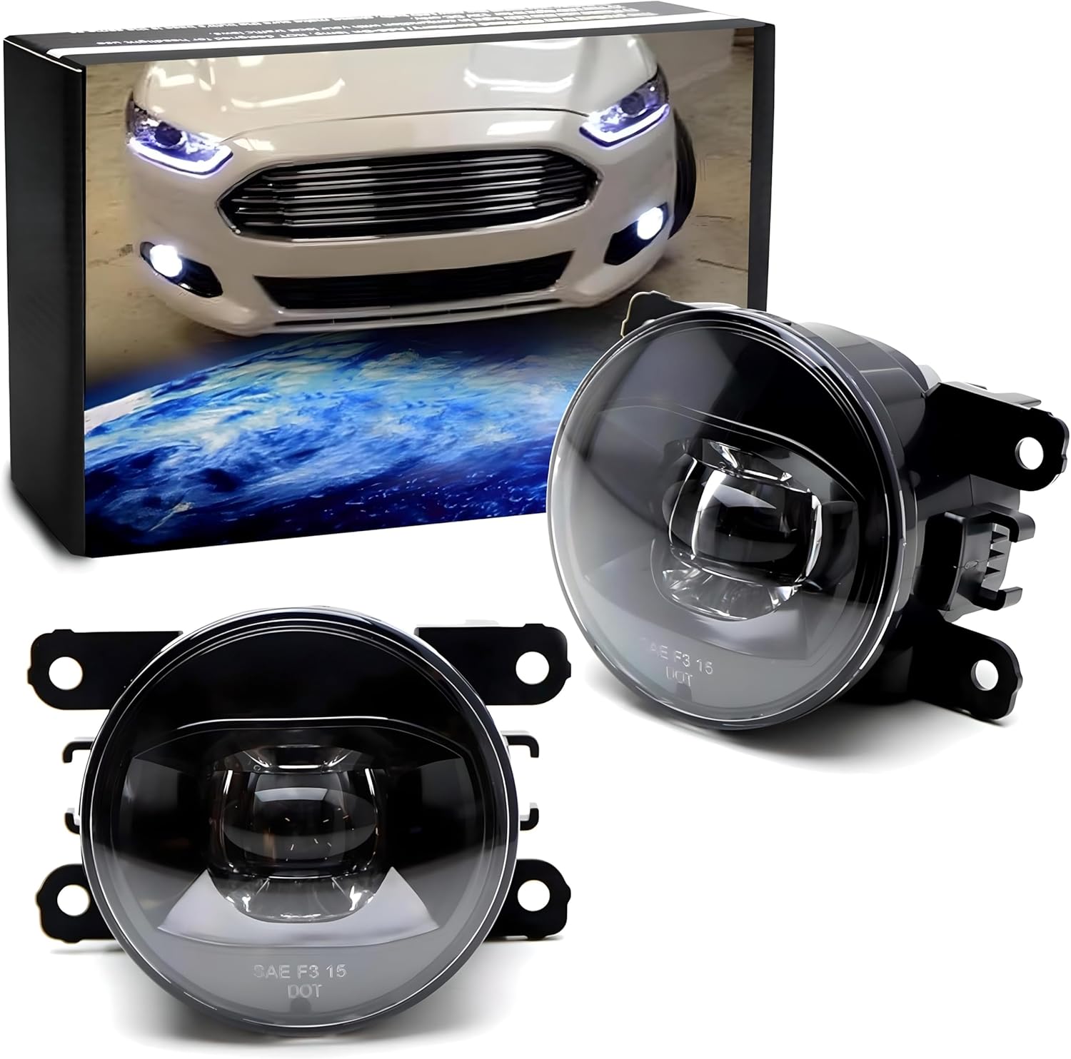 iJDMTOY Xenon White LED Fog Lights Compatible With Ford C-Max Explorer Fiesta Fusion Mustang Taurus Nissan Sentra Subaru Legacy Outback w/LED Halo Rings, Each Lamp Powered by 6 Pieces 3W LED Bulbs