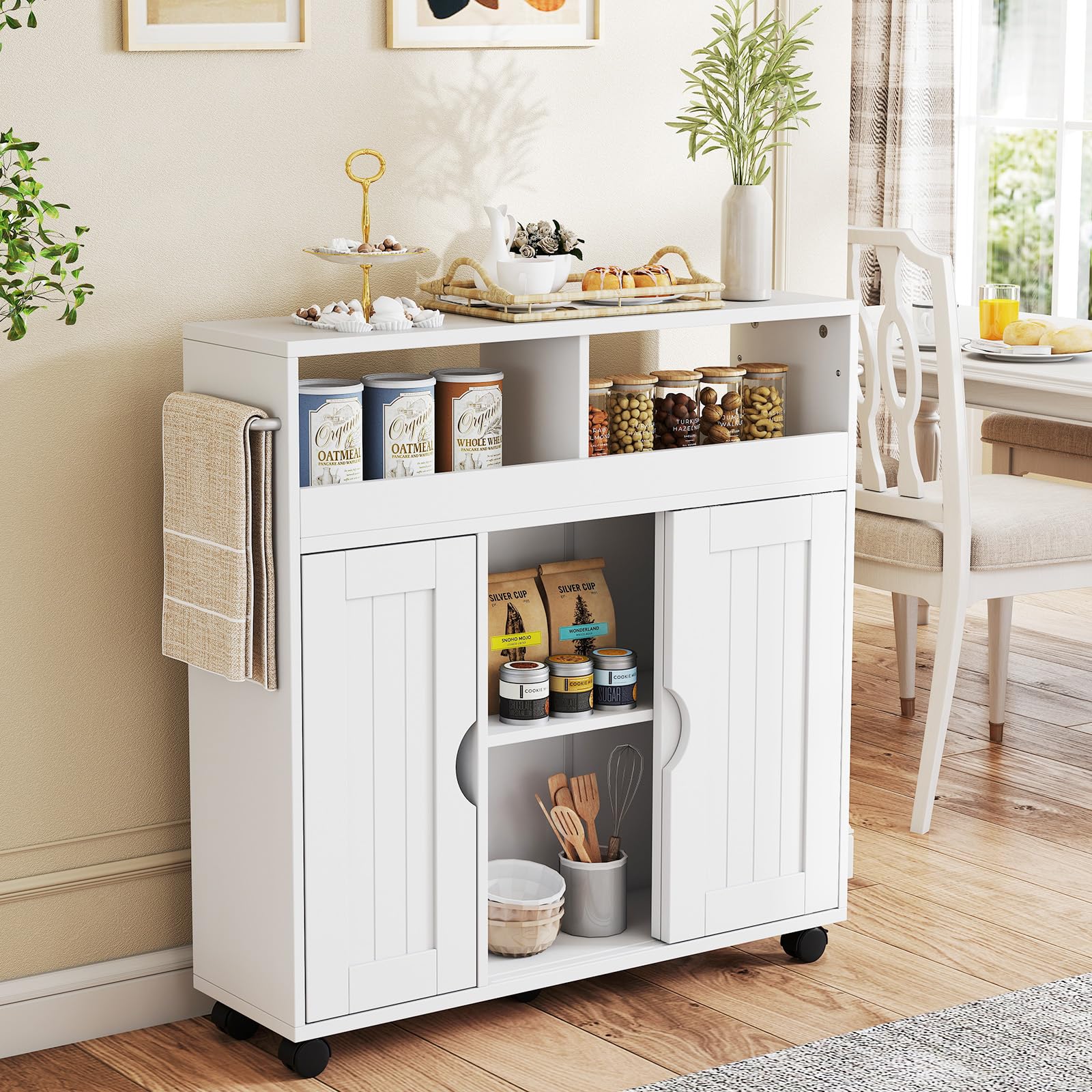 COSTWAY Nischenschrank mit Rollen, Badezimmerschrank schmal mit verstellbarem Regal & Handtuchhalter & Schiebetüren, Badrollwagen, Nischenwagen für Bad, Küche, kleine Räume, 75 x 20 x 72 cm