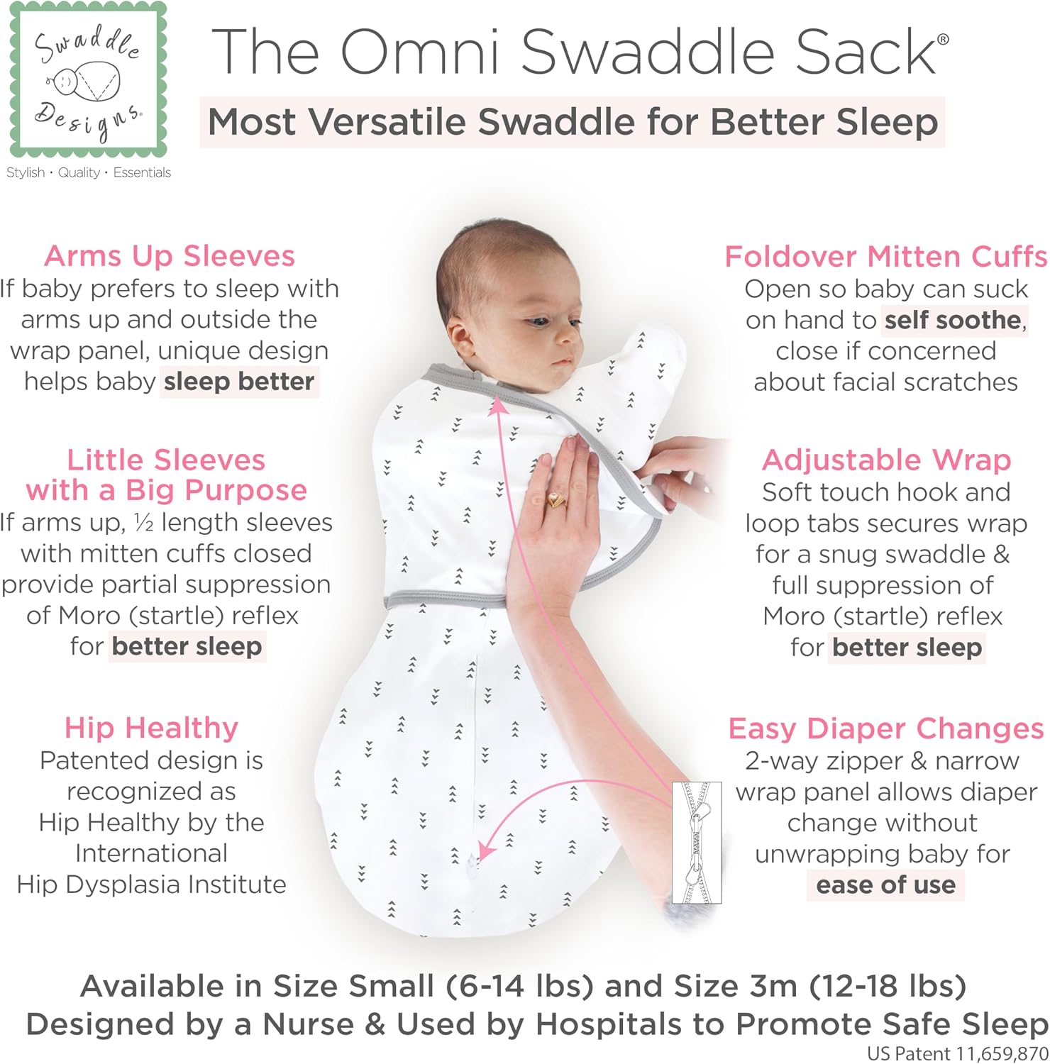 swaddledesigns 6-way omni swaddle sack, arms up swaddle for newborn, more options to calm startle reflex, improves sleep tiny arrows small (6-14 pound)