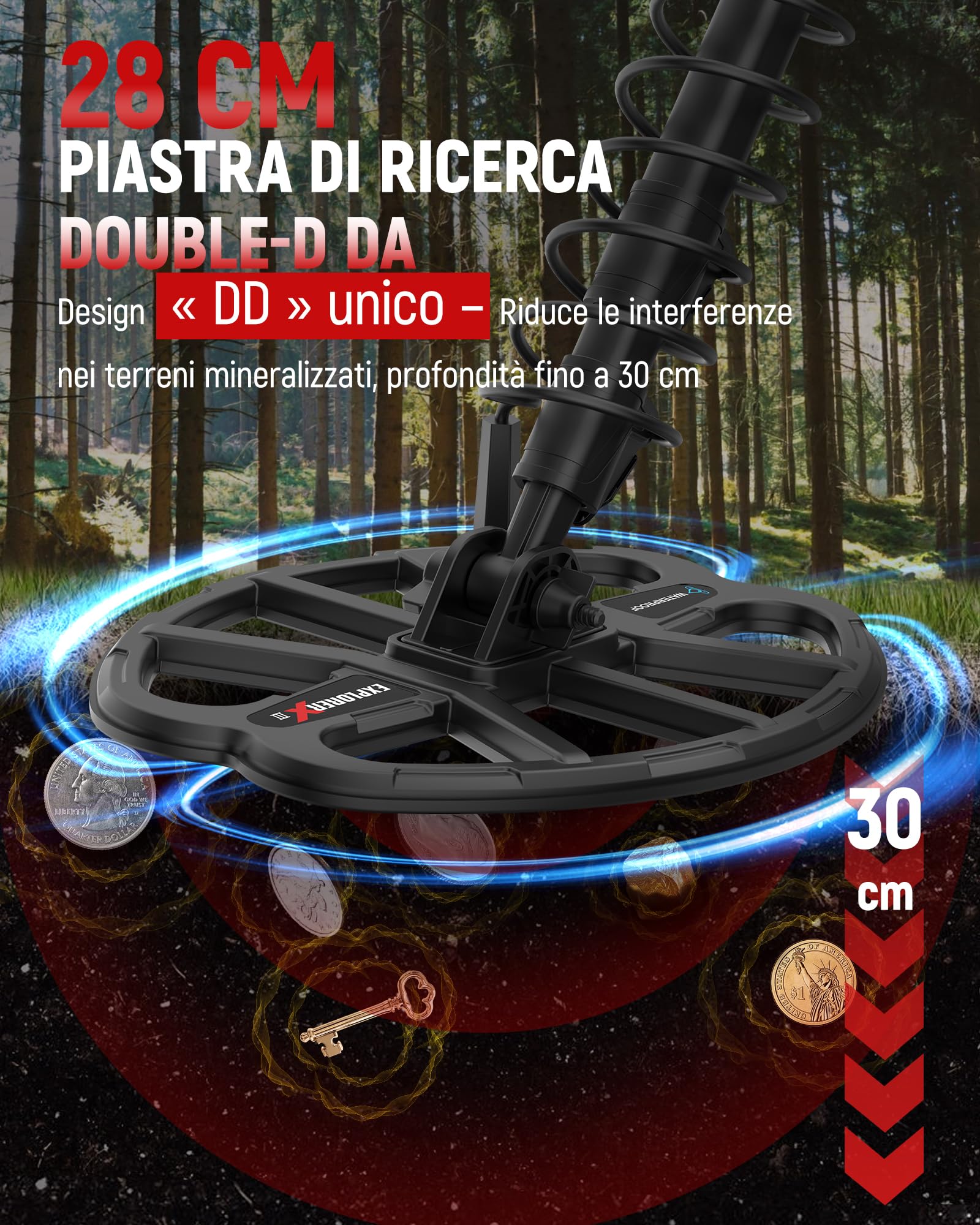 KAIWEETS Metal detector Professionale, 5 Modalità, Bobina DD Impermeabile IP68, Asta Telescopica Compatta, Ricaricabile Detector con LCD Retroilluminato, mit Pala, Cuffie e Copertura Antipioggia