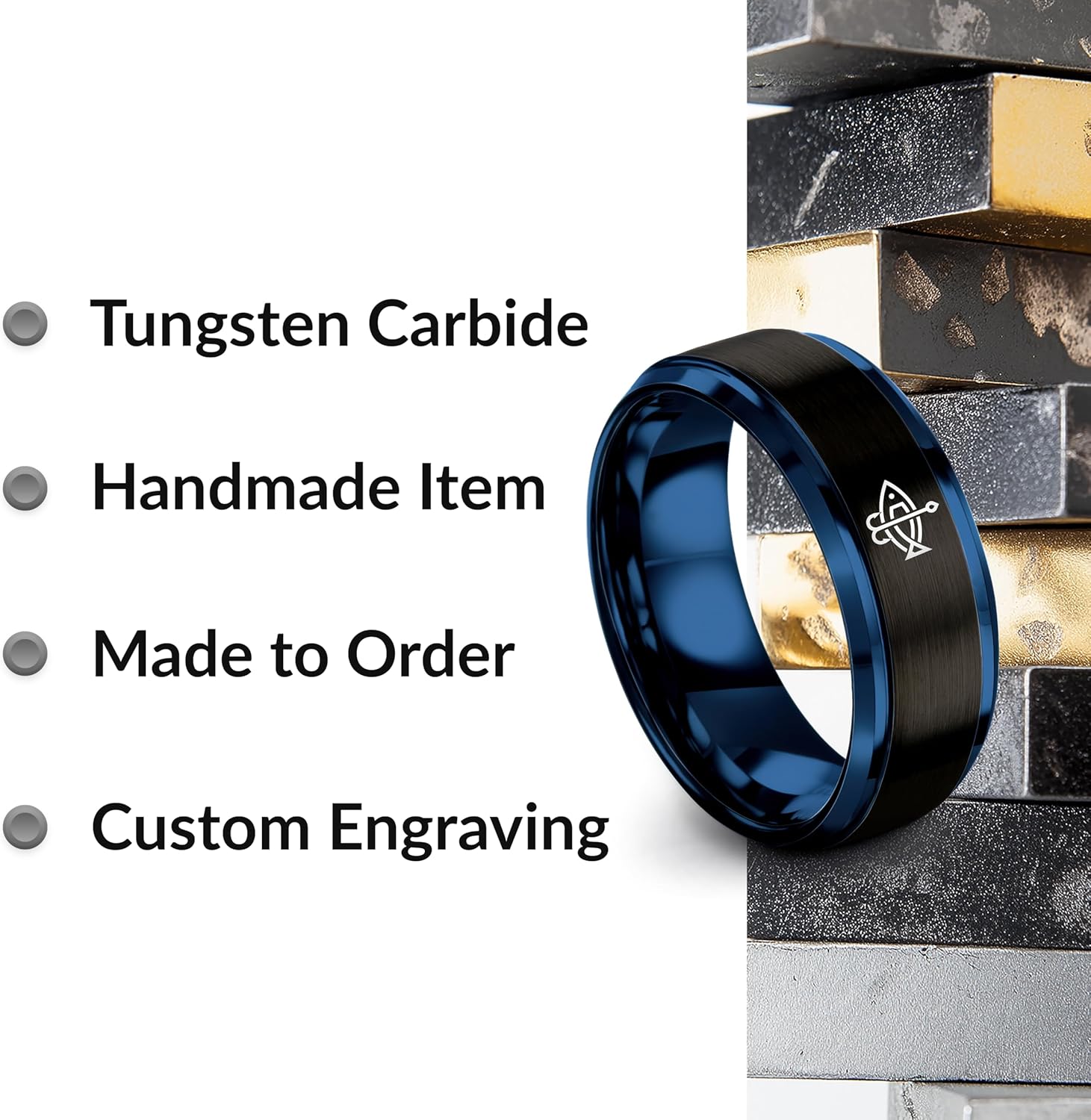 Gift for Fishing Fan - Fishing Hook Ring - Flat Dome Bevel - Gunmetal Black Silver Blue - Band - Personalized Custom Engraving - Anniversary Wedding - 8mm - Tungsten - Brushed Polished - Men Women