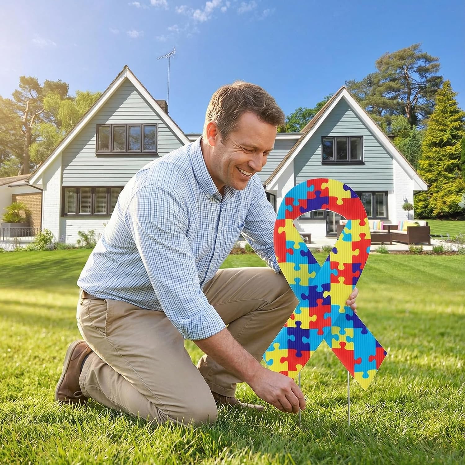 5pcs Large Ribbon Awareness Yard Signs with Metal Stakes 14" Ribbon Health Awareness Lawn Stakes Waterproof Patio Sign for Outdoor Garden Decorations/Autism