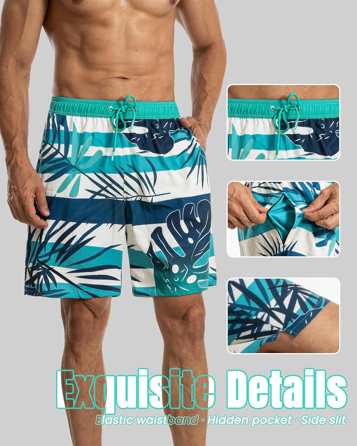7 Inch Men Swim Trunks Palm Tree with Compression Breathable Liner Quick Dry Zipper Pockets for Board Beach Cruise - Image 6