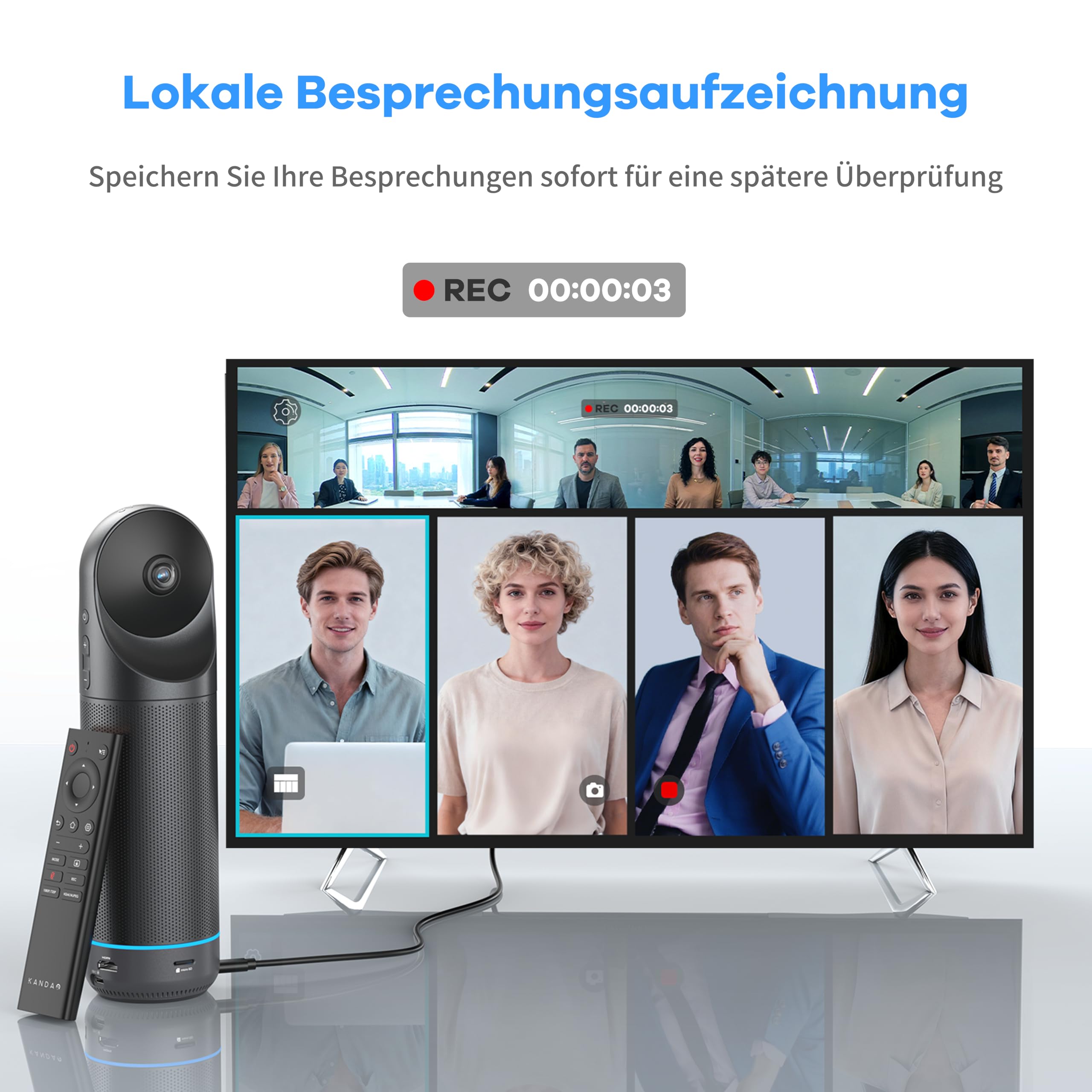 KanDao Meeting Pro 360 Grad Videokonferenzkamera All-in-One, 1080P HD Webcam mit Mikrofon und Lautsprecher, KI Sprecher-Fokus & Lokale Aufnahme, 5,5m Reichweite, Plug & Play für Zoom,MS Teams,Skype