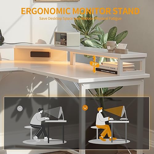 Miniatura 36 de CubiCubi Escritorio en forma de L de 59 pulgadas con puertos de carga USB y luces LED, escritorio de esquina para computadora con cajón y estante de