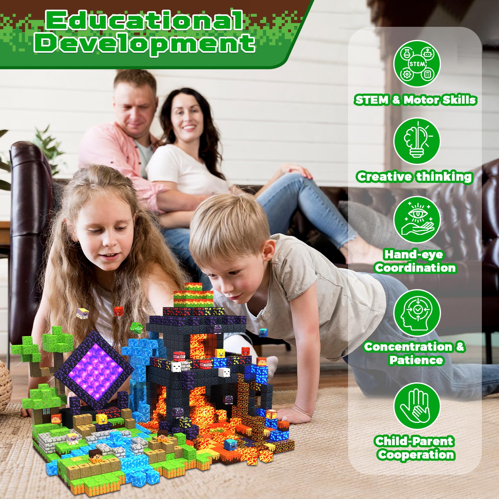 GraceDuck Costruzioni Magnetiche per Bambini 300 Pezzi Set Dinosauri e Vulcano - Blocchi Magnetici con Lava e Foresta - Magnetic Building Blocks Creativi Giocattolo Montessori 3-9 Anni - Regalo STEM