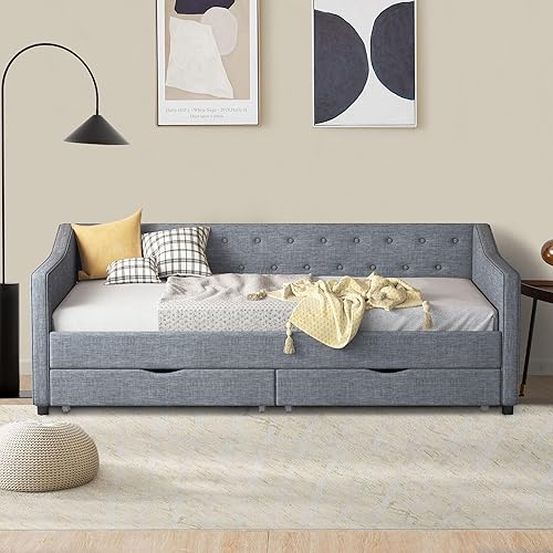 Ball & Cast Twin Size Daybed with Two Drawers and Linen Upholstered,Wood Bed Frame w/Button Tufted Back and Waved Shape Arms,Slats Support,for Apartment,Bedroom,Light Grey